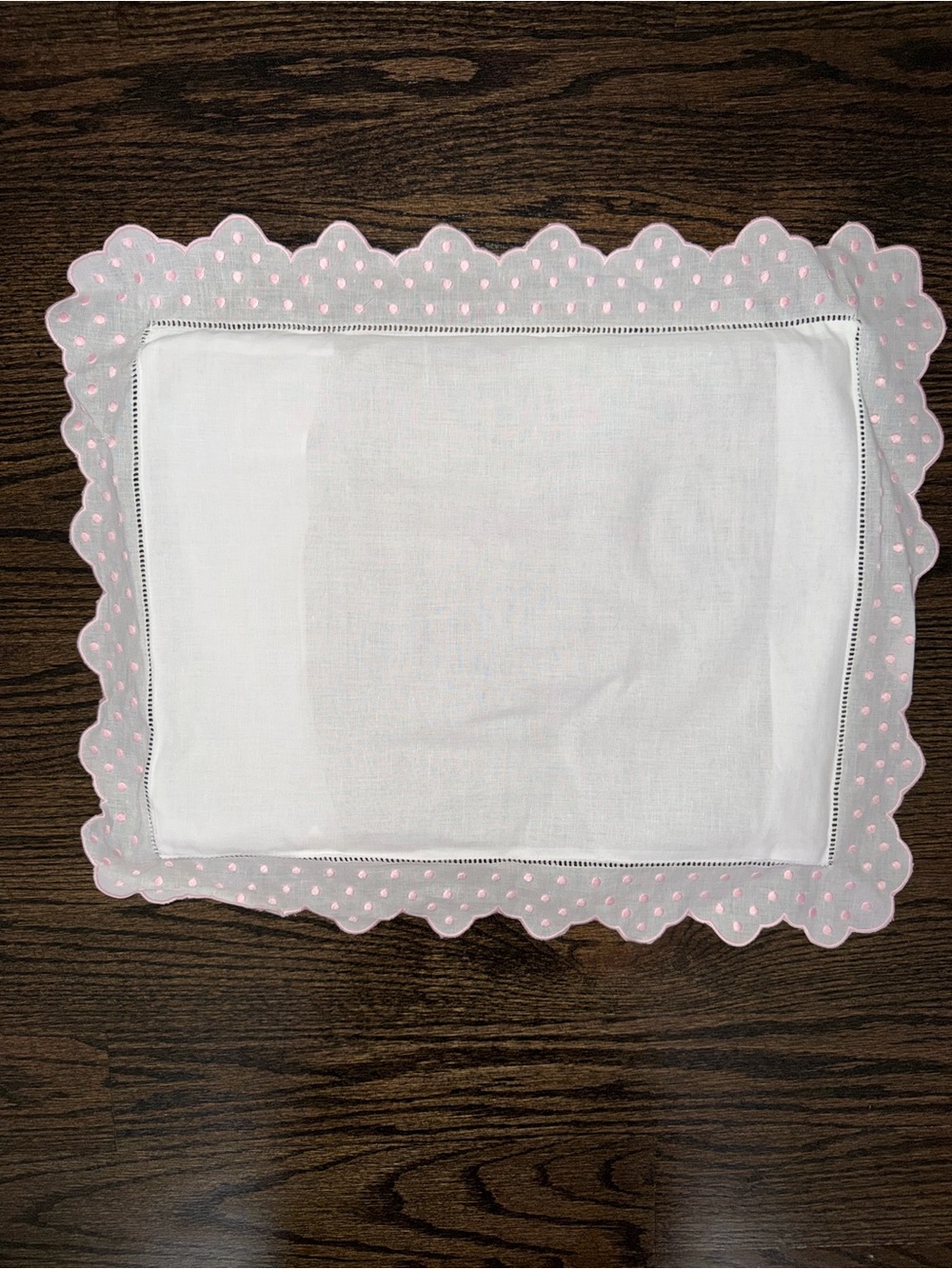 White Linen pillow case with Pink Scalloped Trim and pillow included (kid size)
